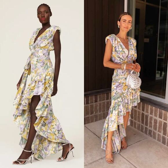 bronx and banco tropics maxi dress Bronx and Banco Tropics Violet One-Sleeve Ruffle Maxi Dress